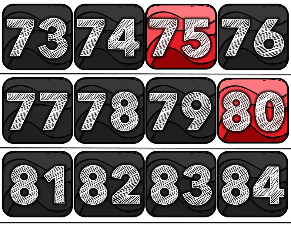 Number line cards 73 to 84, with 75 and 80 in red to help students find the fives when adding or subtracting along the line
