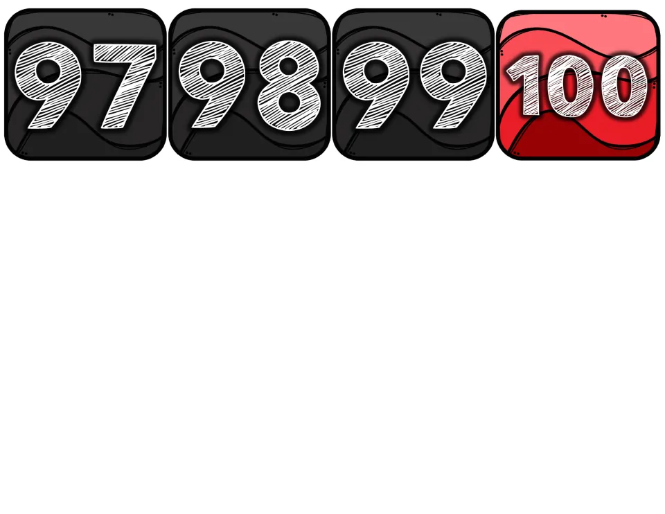 Number line cards 97, 98 and 99 in black and white, plus a red 100 card to end the line at one hundred