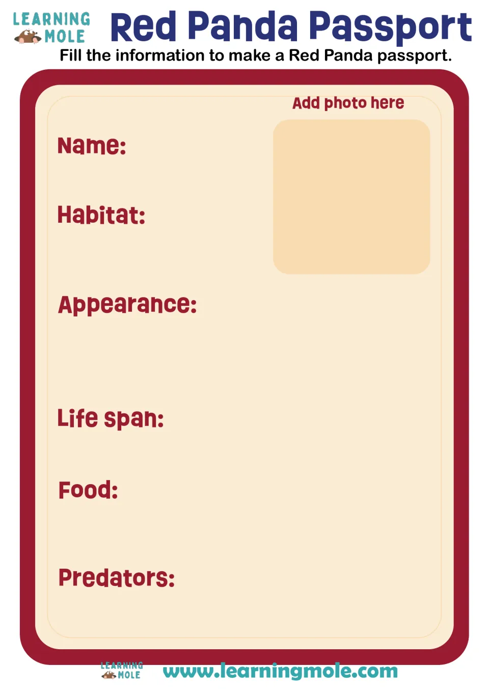 Red Panda Passport: students add a photo and record the animal's habitat, appearance, life span, food and predators