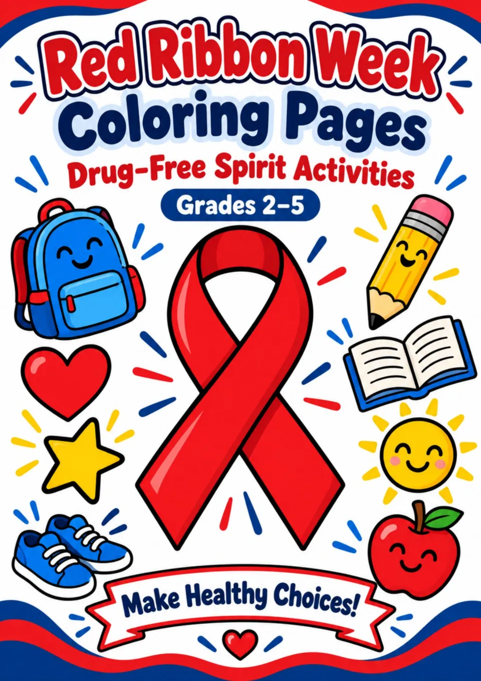 Red Ribbon Week Coloring Pages & Drug-Free Spirit Activities cover: Grades 2–5 and Make Healthy Choices!