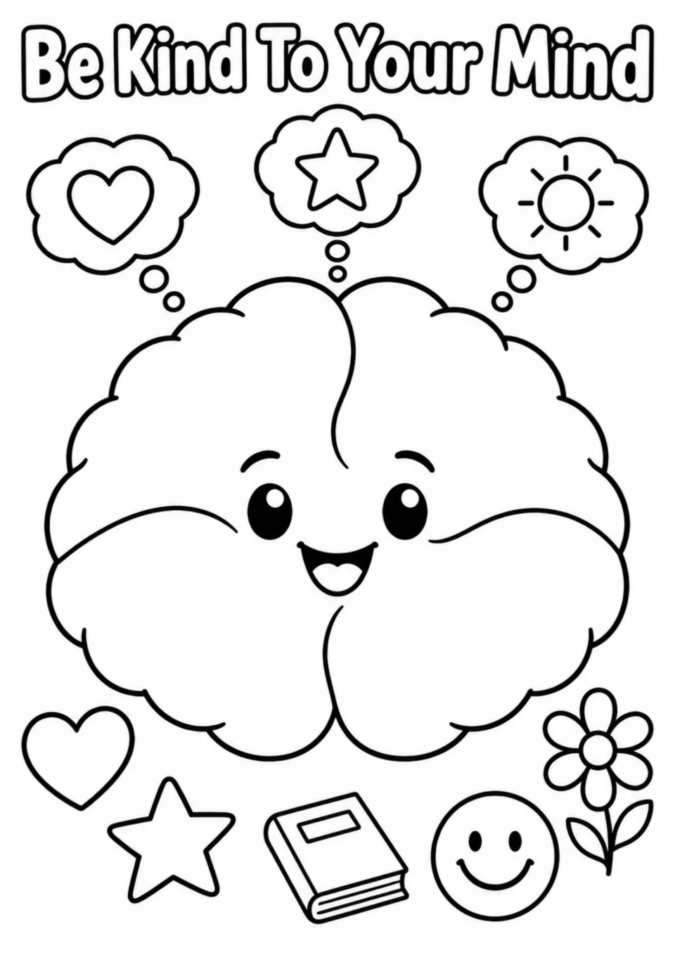 Red Ribbon Week coloring page: Be Kind To Your Mind, featuring a smiling brain and three thought bubbles