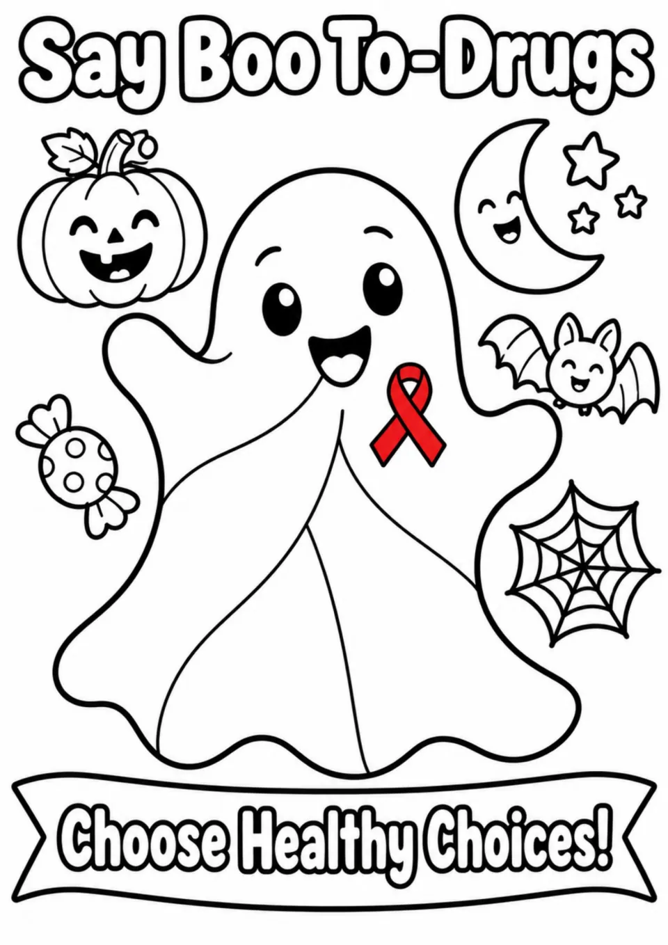 Red Ribbon Week coloring page: Say Boo To-Drugs, with a ghost, red ribbon, and Choose Healthy Choices!