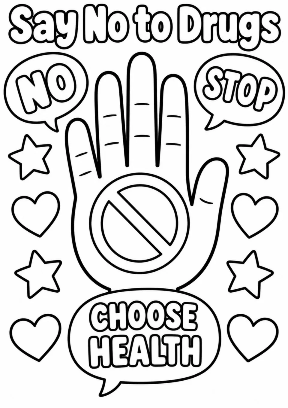Red Ribbon Week coloring page: Say No to Drugs, with a raised hand and the words NO, STOP, and CHOOSE HEALTH