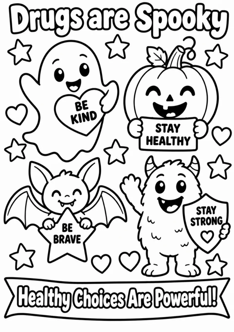 Red Ribbon Week coloring page: Drugs are Spooky, with characters saying Be Kind, Stay Healthy, and more