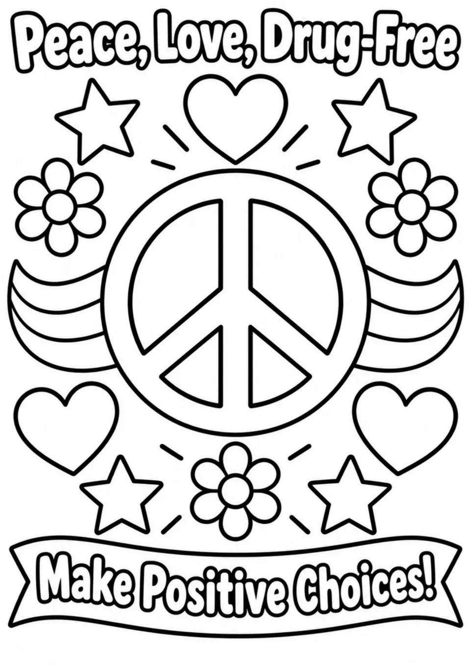 Red Ribbon Week coloring page: Peace, Love, Drug-Free, with a peace symbol and Make Positive Choices!