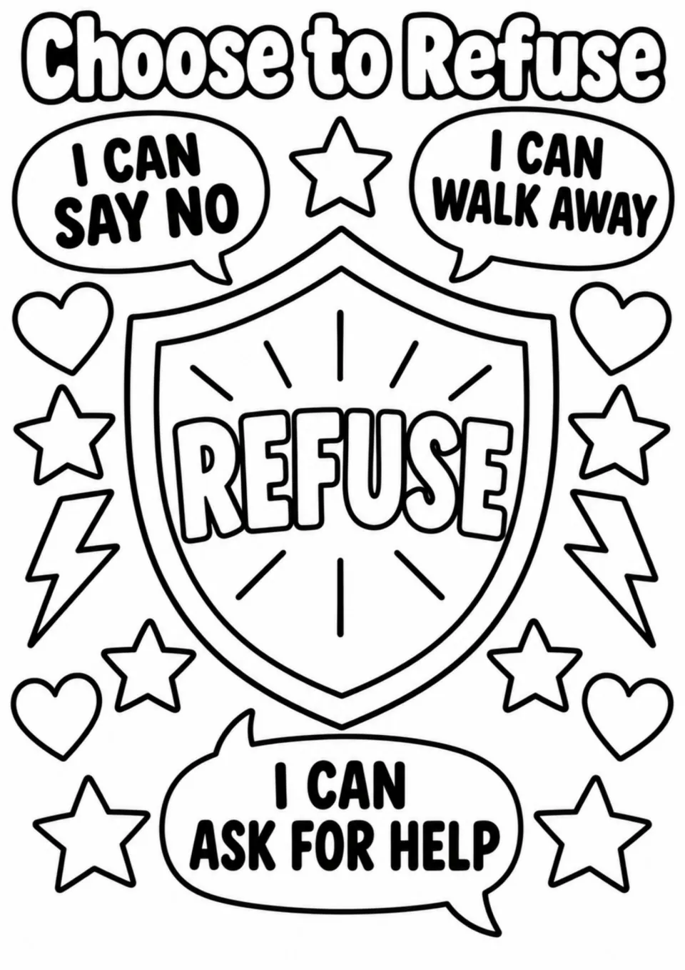 Red Ribbon Week coloring page: Choose to Refuse; I Can Say No, I Can Walk Away, and I Can Ask for Help