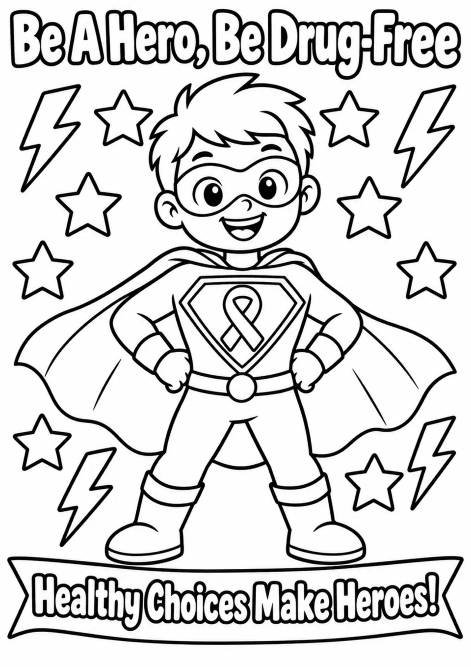 Red Ribbon Week coloring page: Be A Hero, Be Drug-Free, with a superhero and Healthy Choices Make Heroes!