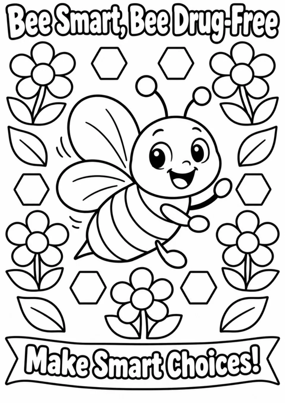 Red Ribbon Week coloring page: Bee Smart, Bee Drug-Free, featuring a bee and Make Smart Choices!