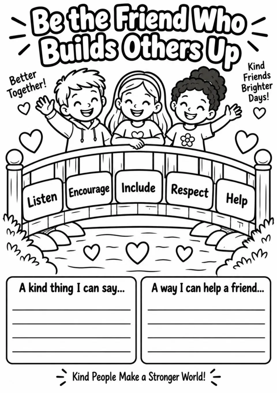 Friendship coloring activity: children on a bridge labeled Listen, Encourage, Include, Respect, and Help