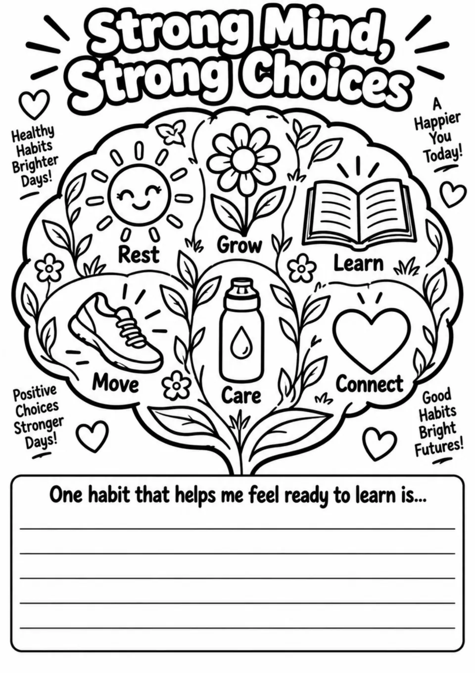 Strong Mind, Strong Choices coloring activity: Rest, Grow, Learn, Move, Care, Connect, and a habit prompt