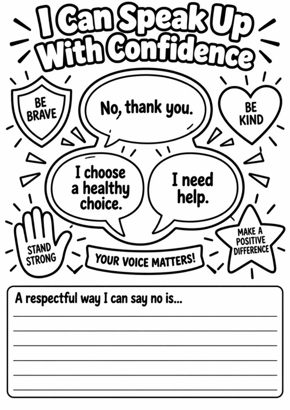 Speaking-up coloring activity: No, thank you; I choose a healthy choice; I need help; and a refusal prompt