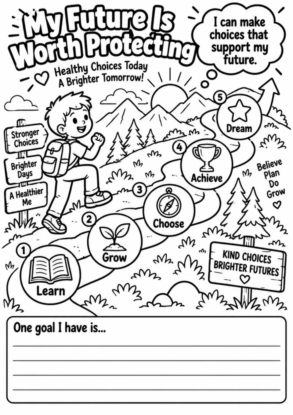 Future goals coloring activity: a hiking path labeled Learn, Grow, Choose, Achieve, Dream, and a goal prompt