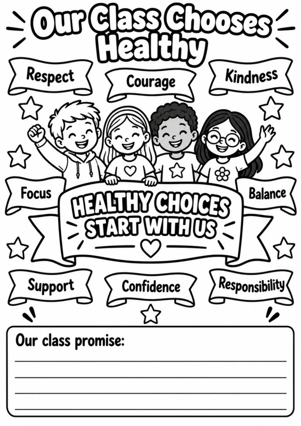 Class community coloring activity: Our Class Chooses Healthy, eight values, and a class promise prompt