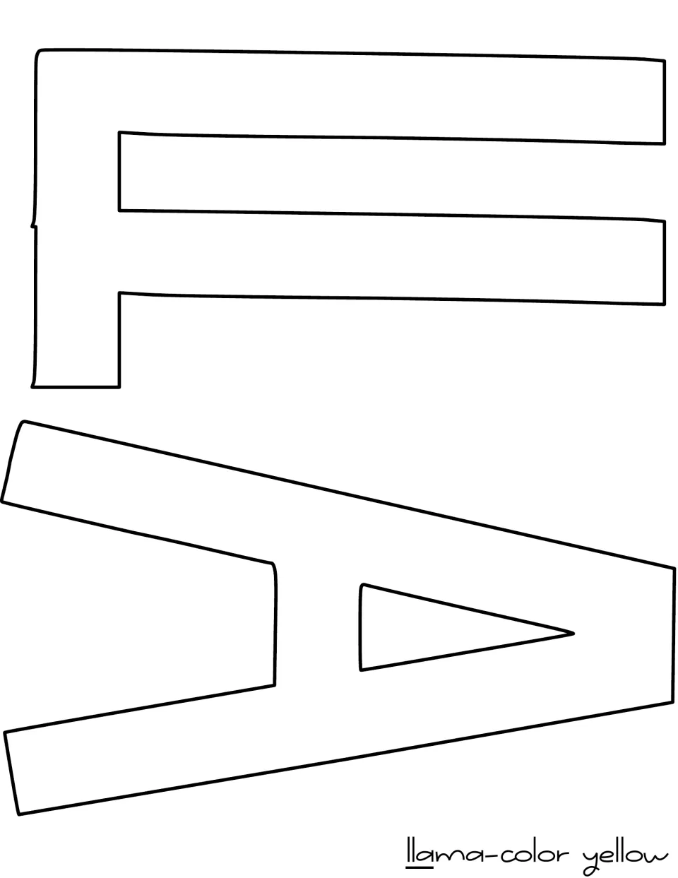 Outline letter templates for the word llama: a joined double L and an A, marked to be cut from yellow paper