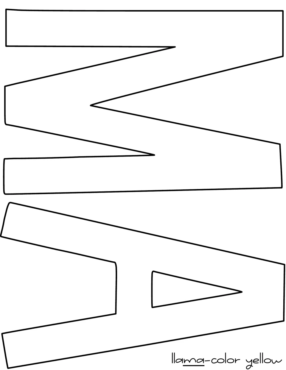Outline letter templates M and A that finish the word llama, labeled to be cut from yellow paper for the door title