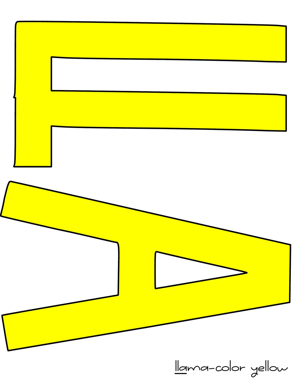 Yellow-filled letters LL and A for the word llama, ready to print in color and cut out for the door or board title
