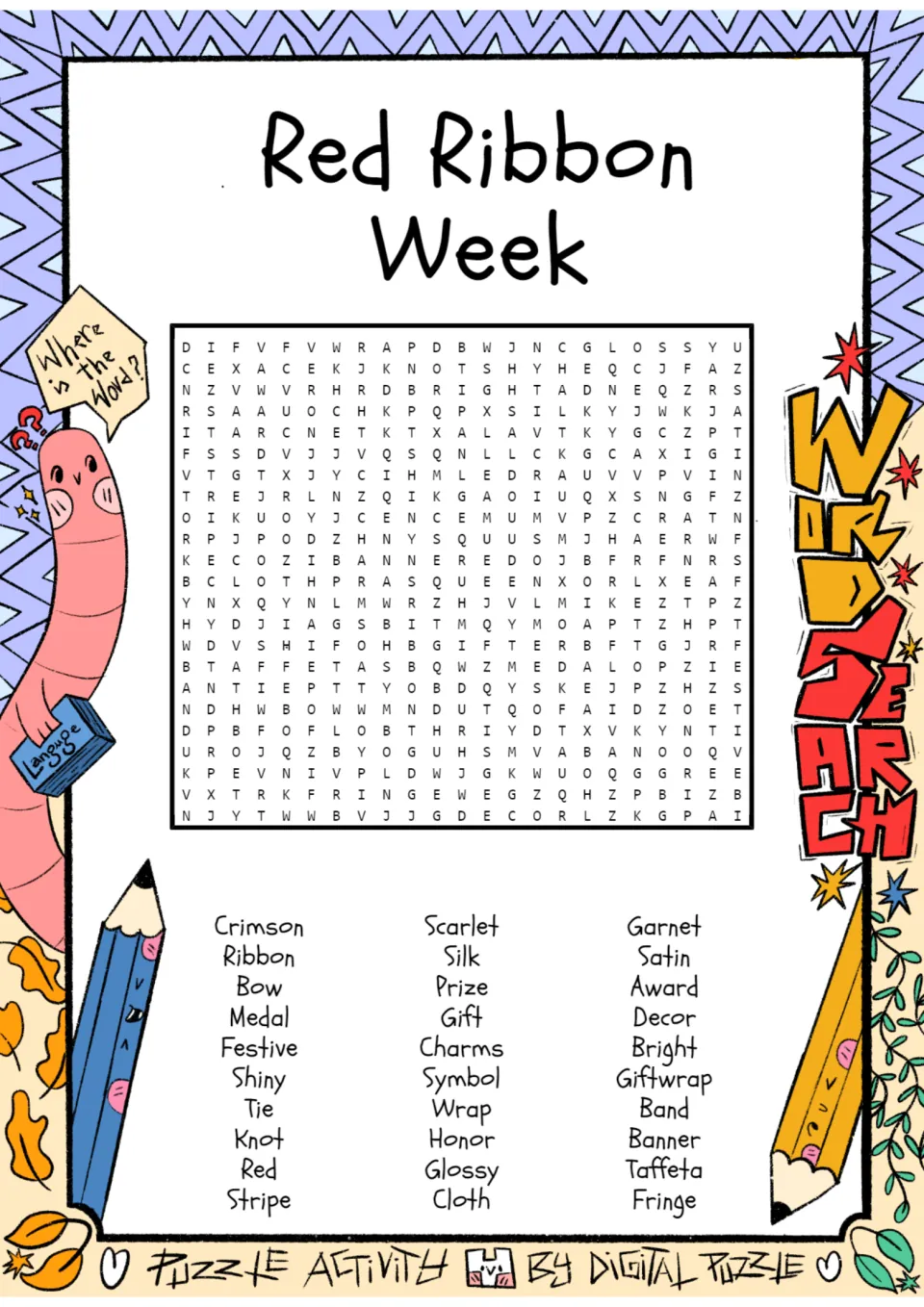 Red Ribbon Week word search: students find 30 words such as crimson, ribbon, medal, satin and banner in a letter grid