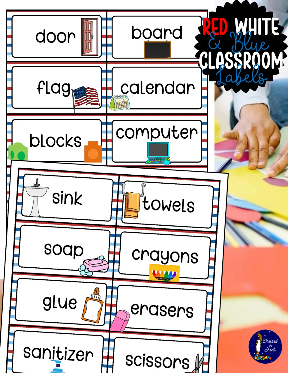 Cover: red, white and blue classroom labels shown as picture word cards such as door, flag, sink, glue and scissors