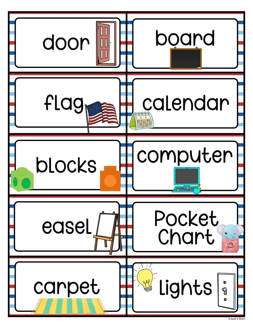 Room labels with pictures: door, board, flag, calendar, blocks, computer, easel, pocket chart, carpet and lights