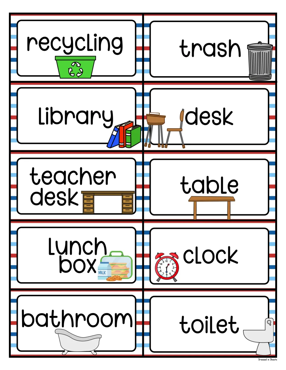 Picture word labels for recycling, trash, library, desk, teacher desk, table, lunch box, clock, bathroom and toilet