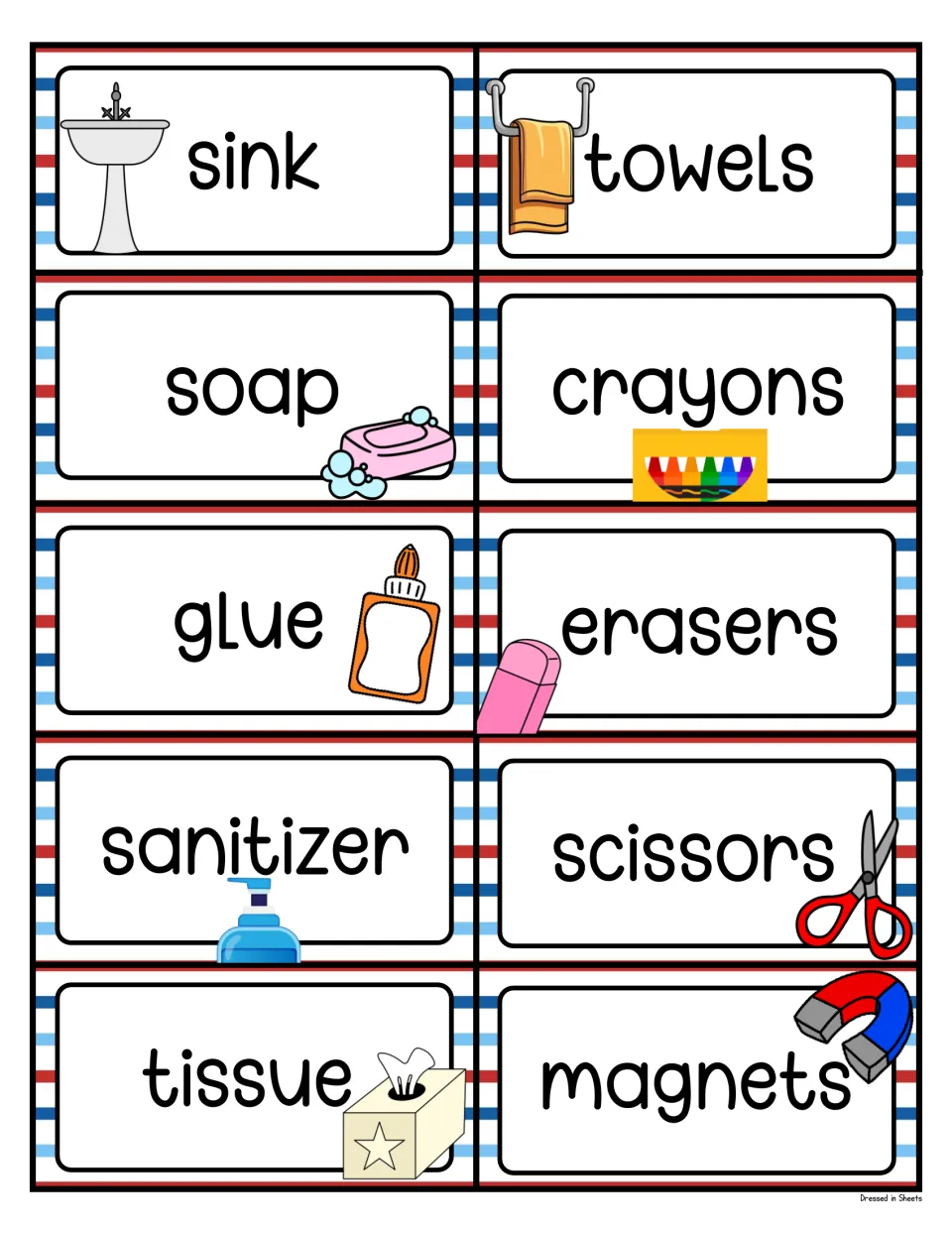 Supply and hygiene labels: sink, towels, soap, crayons, glue, erasers, sanitizer, scissors, tissue and magnets