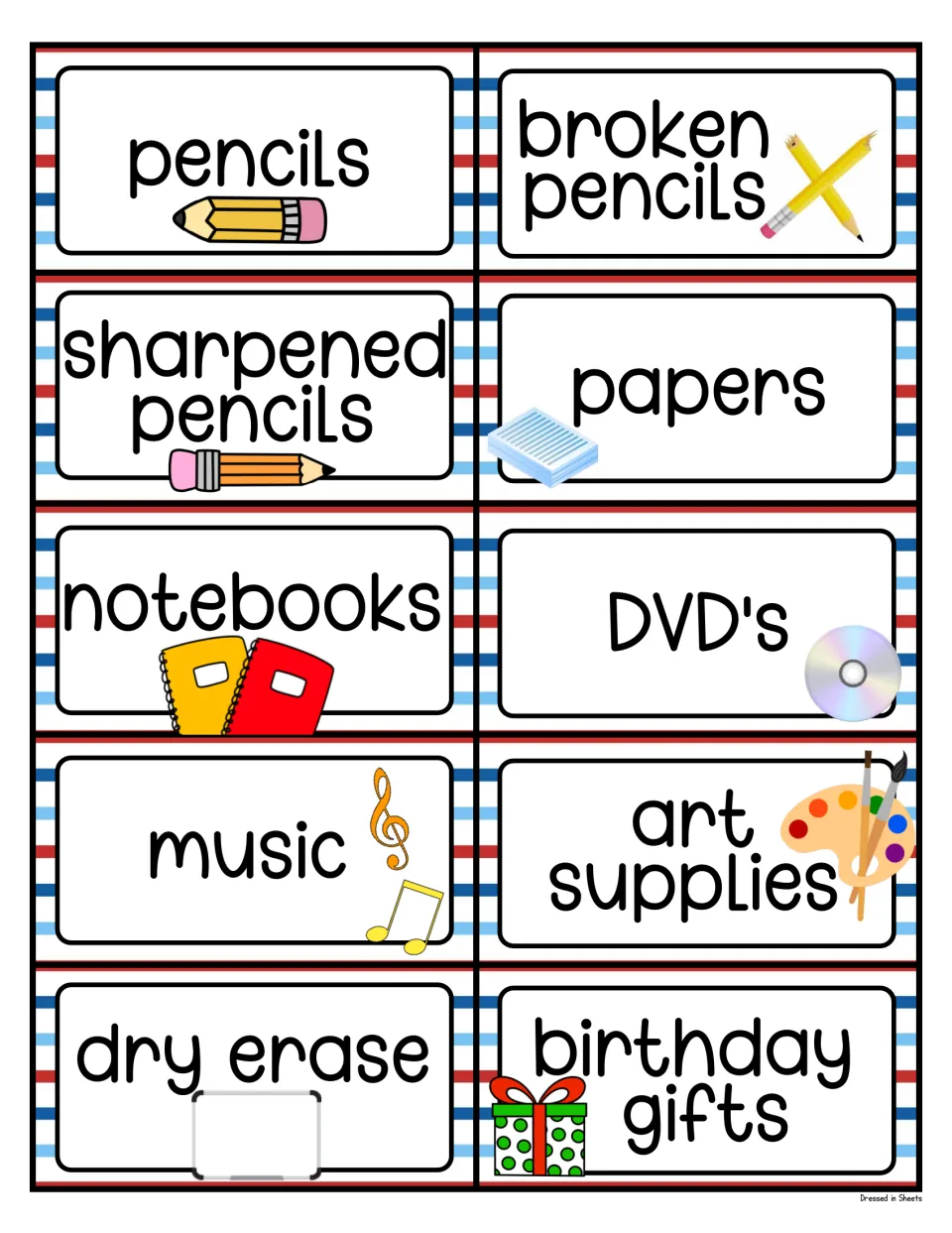 Tags for pencils, broken and sharpened pencils, papers, notebooks, DVD's, music, art supplies, dry erase and birthday gifts