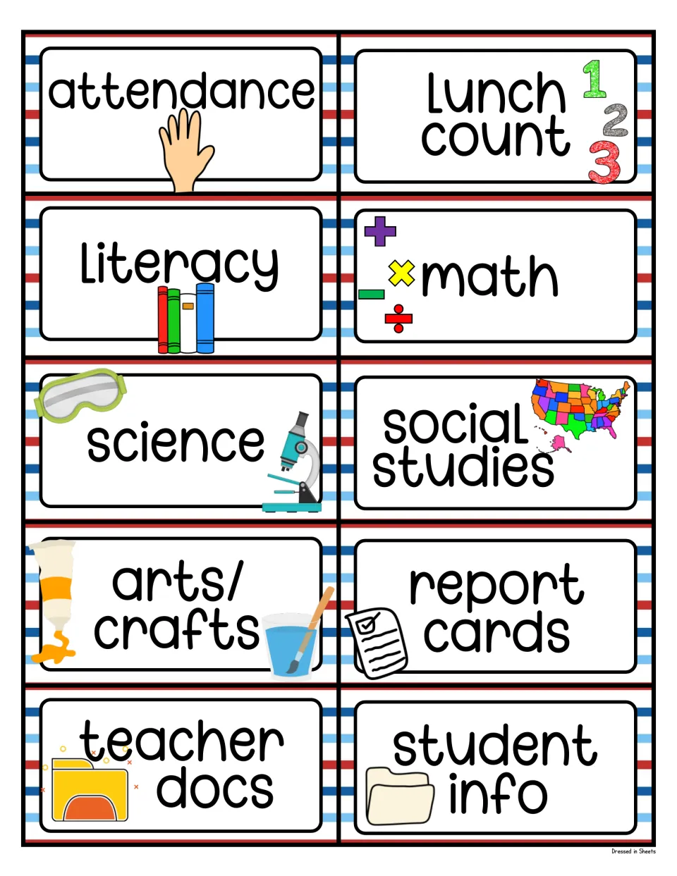 Subject labels (literacy, math, science, social studies, arts/crafts) plus attendance, lunch count and file labels
