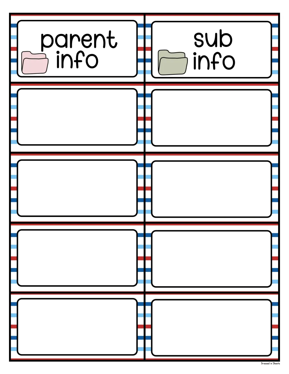 Parent info and sub info labels with folder pictures, plus eight blank labels to write your own