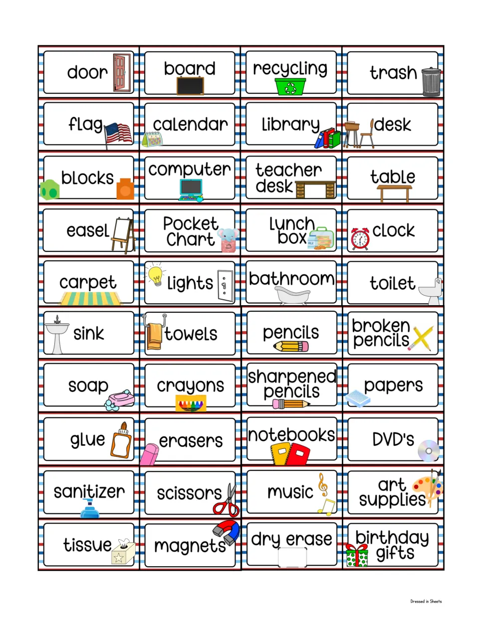 Smaller-size version of the room and supply labels, 40 per page, from door and board to dry erase and birthday gifts