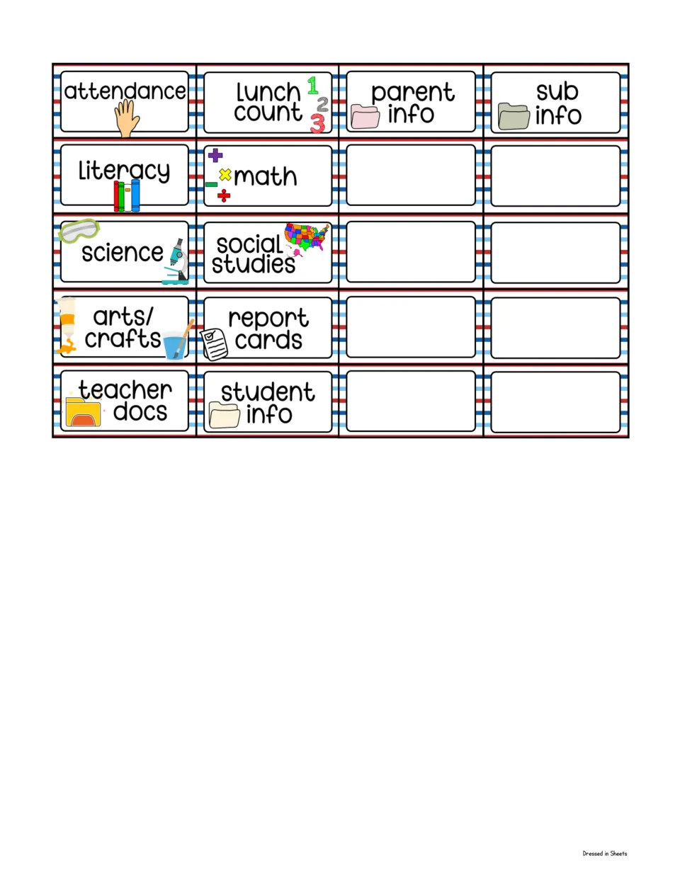 Smaller-size subject and file labels, attendance through sub info, with 8 blank labels to fill in