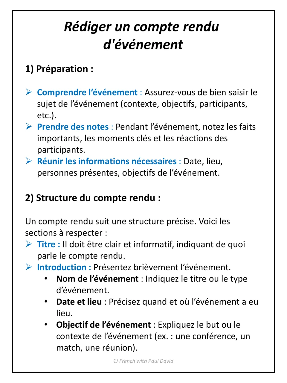 French event report guide: preparation steps, note-taking, the title and introduction sections (name, date, place, goal)