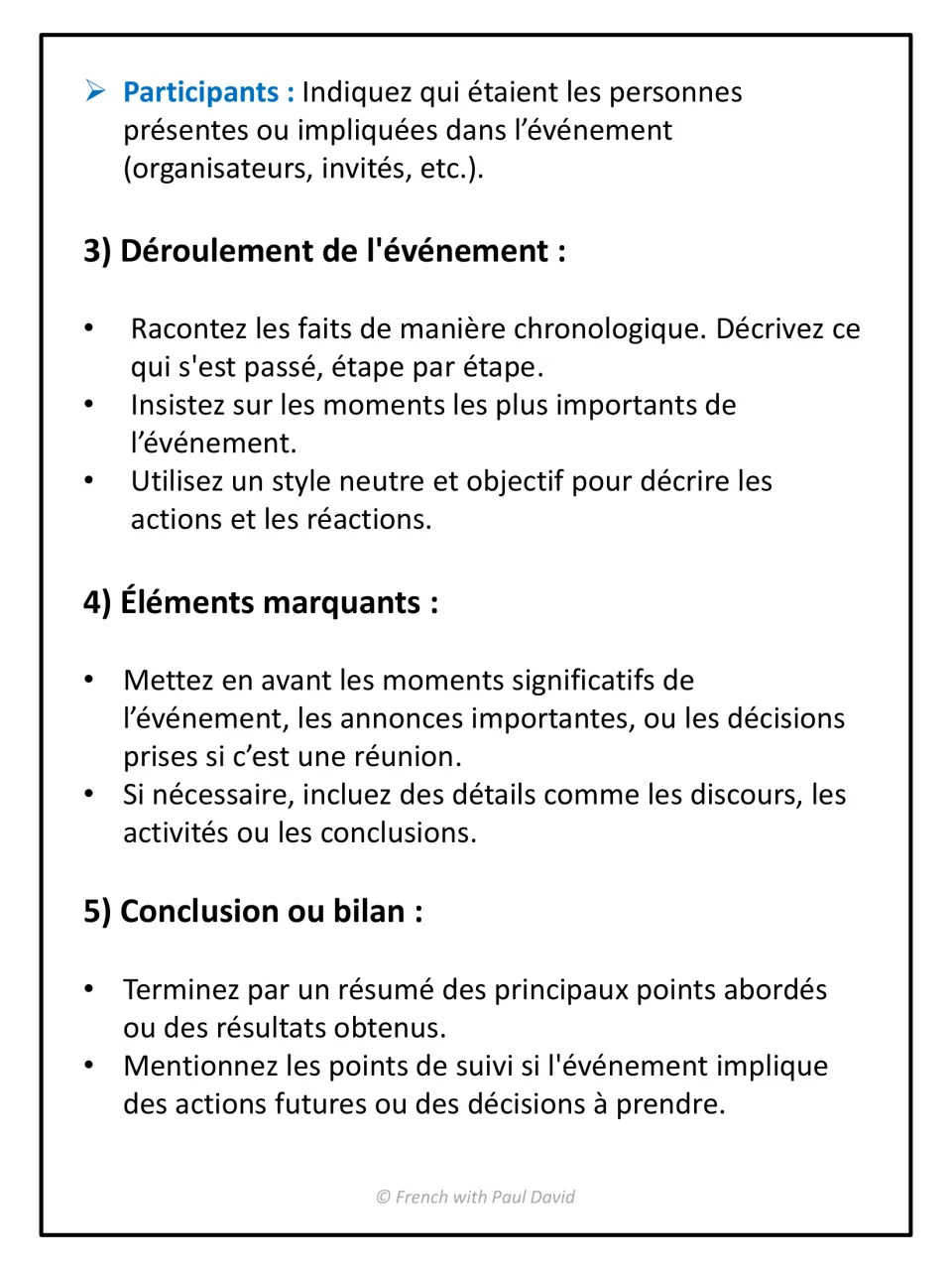Report structure continued: participants, chronological account of events, key moments, and a conclusion with next steps