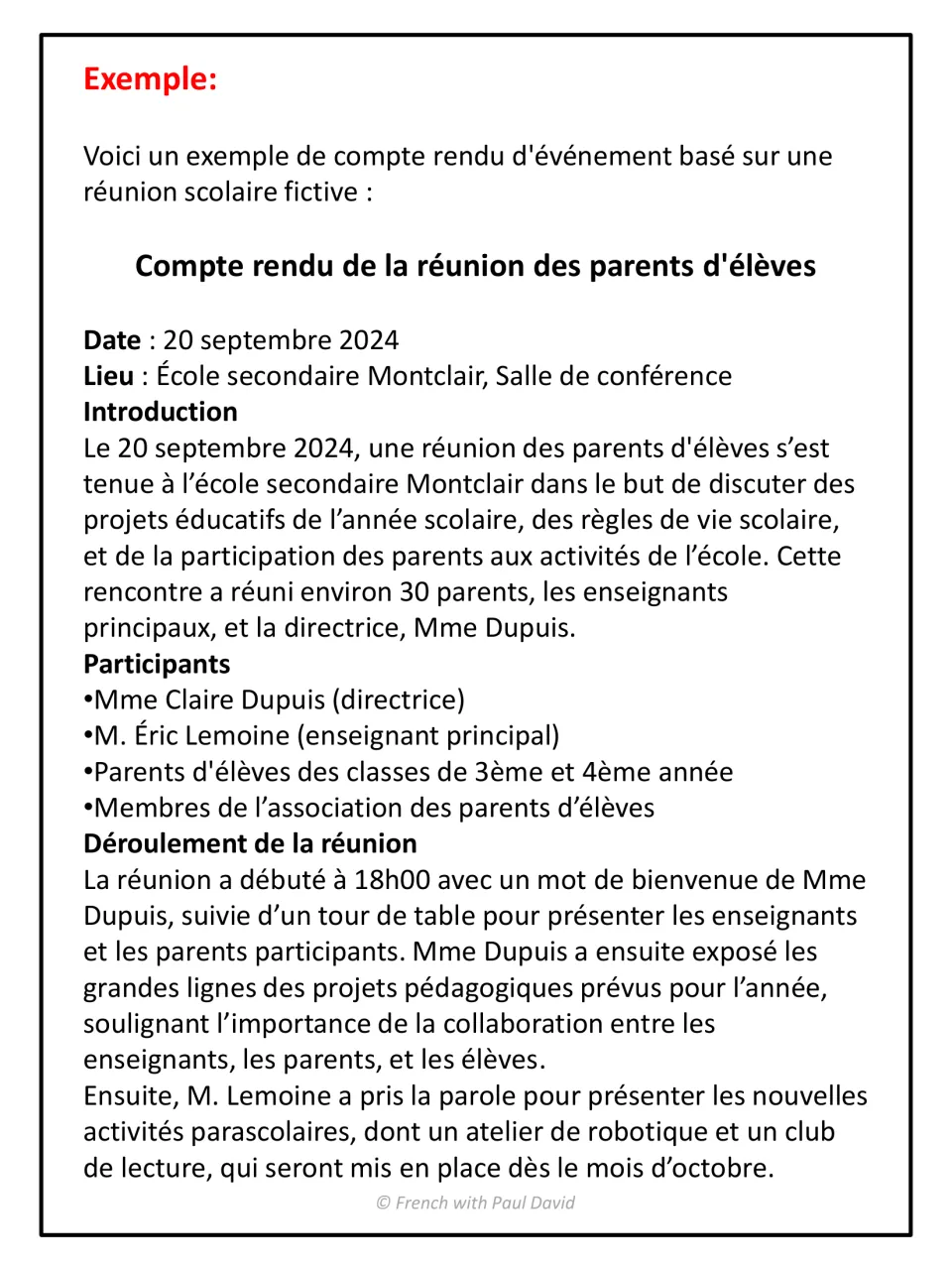 Model report of a fictional parents' meeting: date, place, introduction, participants and how the meeting unfolded