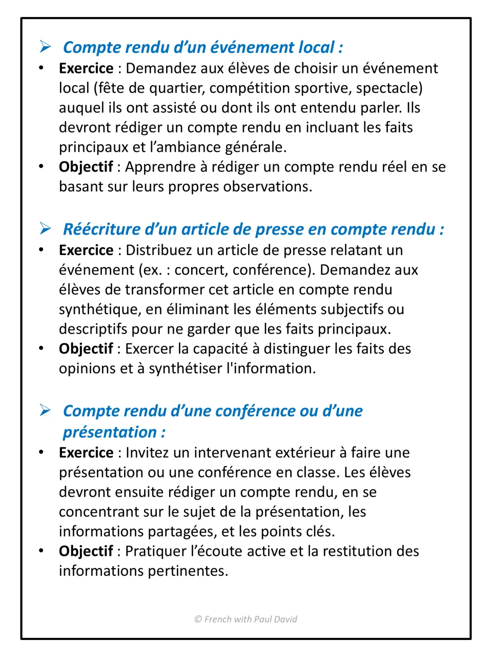Final exercise ideas: report on a local event, rewrite a news article as a factual report, and recap a guest talk