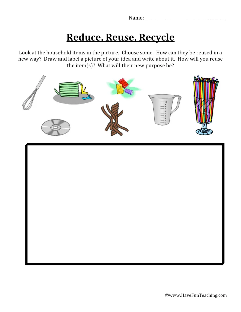 Reduce, Reuse, Recycle: students pick household items like a whisk, CD, straws or rope and draw a new way to reuse them