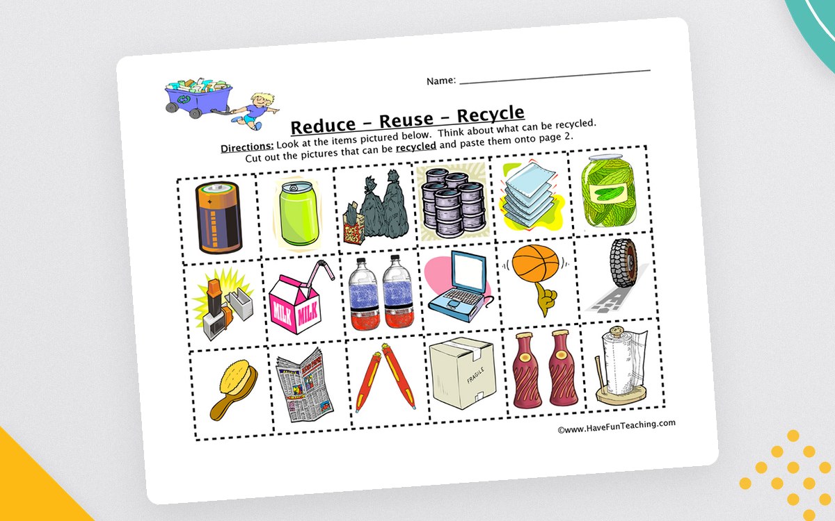 Reduce, Reuse, Recycle Sorting Worksheet preview: Page of cut-apart item pictures