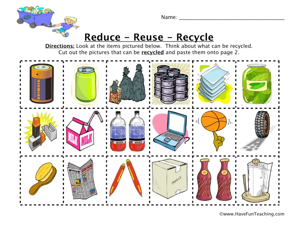 Recycling sort: students look at 18 pictured items, like a battery, soda can and newspaper, and cut out the recyclable ones