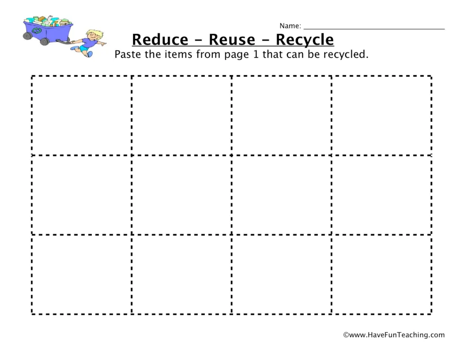 Recycling sort, part 2: students paste the recyclable pictures they cut from page 1 into the 12 spaces provided