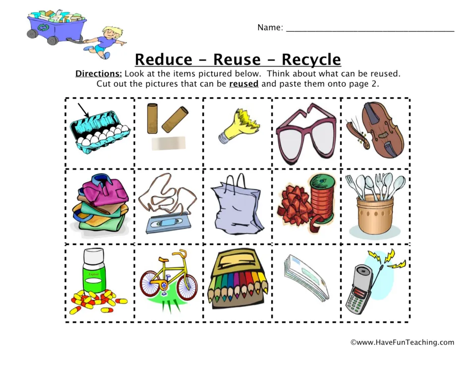 Reuse sort: students cut out the reusable items among 15 pictures, including an egg carton, eyeglasses and a bicycle
