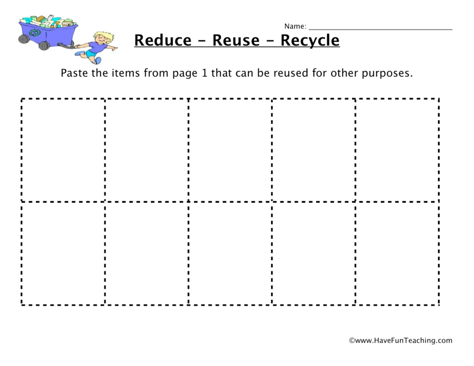 Reuse sort, part 2: students paste the page 1 items that can be reused for other purposes onto this 10-spot sheet