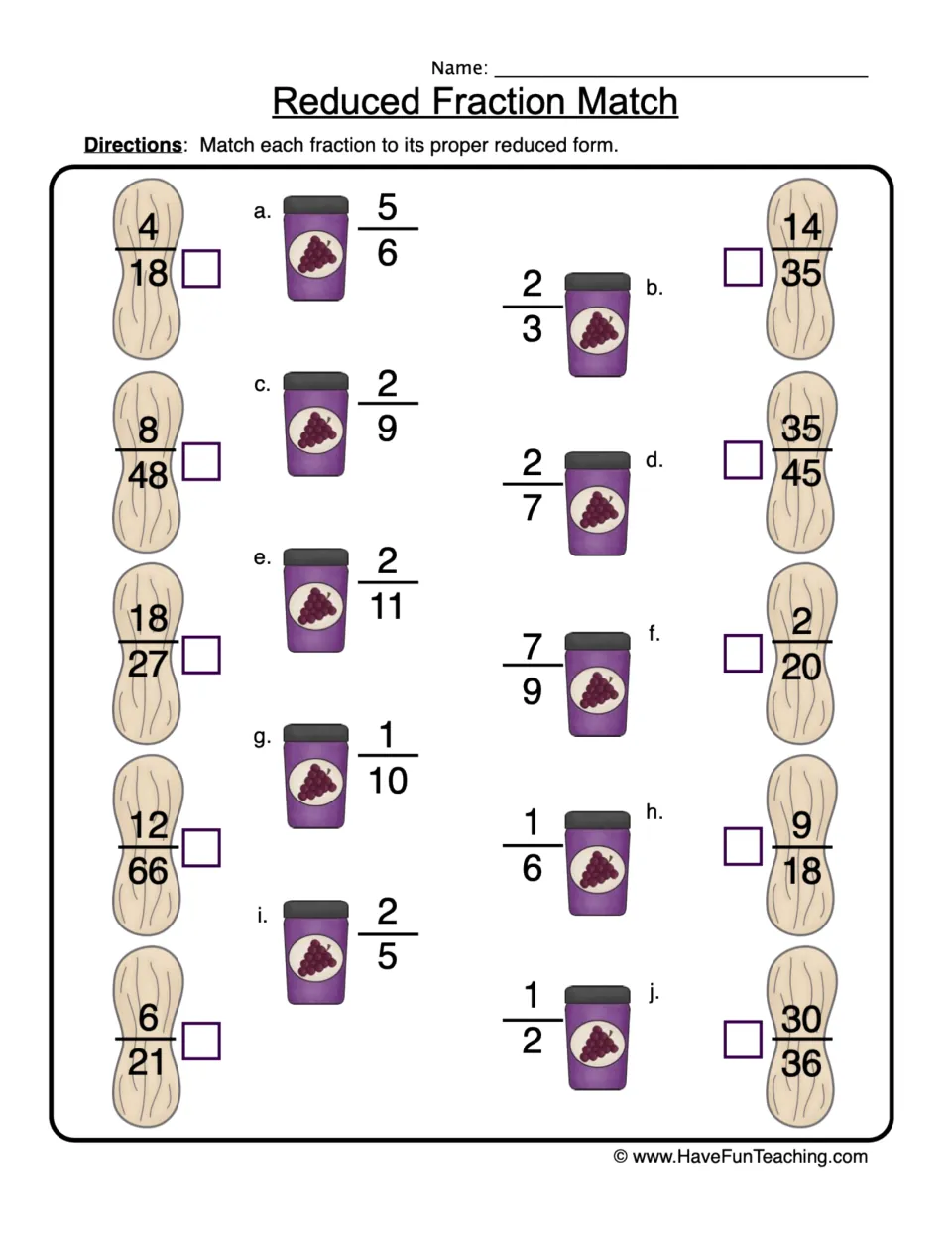 Reduced Fraction Match: students match 10 fractions such as 4/18 and 35/45 to their simplest form, lettered a to j