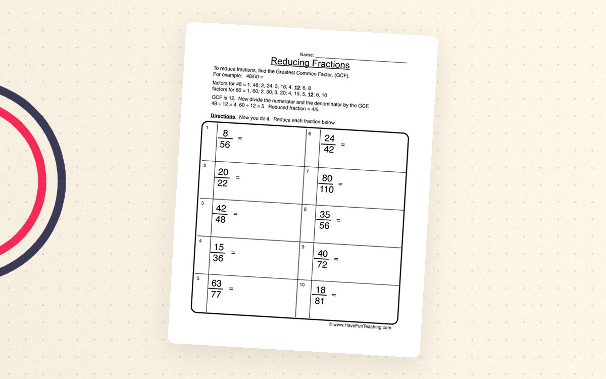 Reducing Fractions Worksheet teaching resource preview