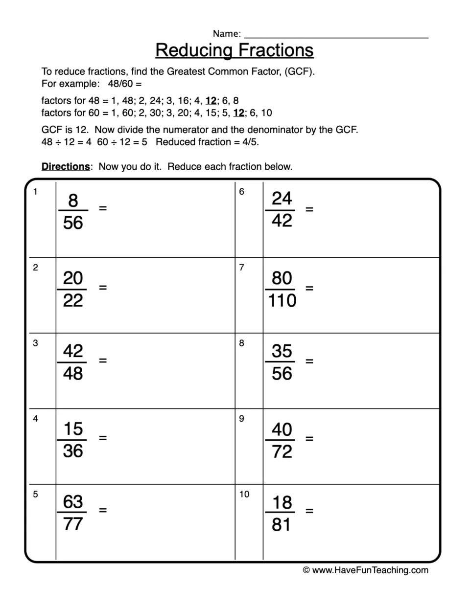 Reducing fractions using the GCF: after a worked 48/60 example, students simplify 10 fractions such as 8/56 and 80/110