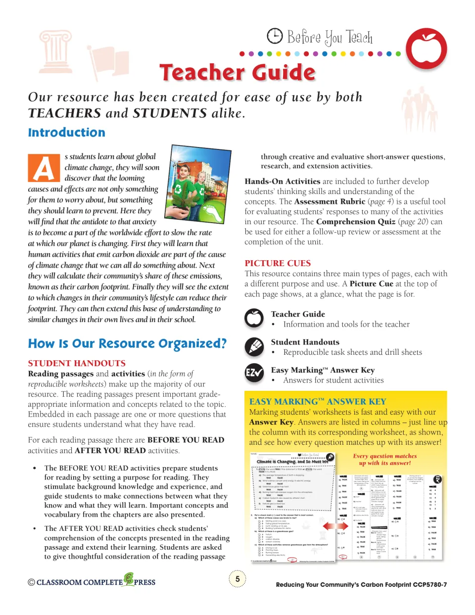 Teacher guide explains before- and after-reading activities, hands-on tasks, assessment, and answer key use