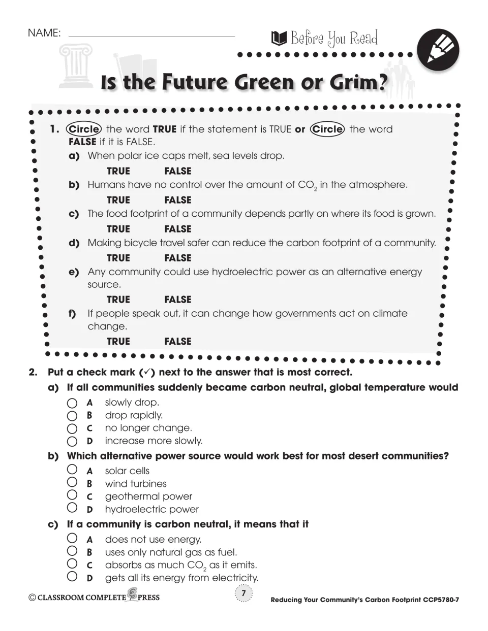 Prereading check has six true-or-false statements and three multiple-choice questions about carbon footprints