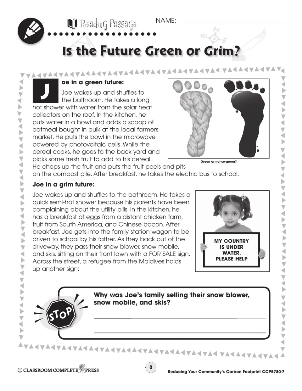Reading passage compares Joe's morning in green and grim futures, then asks why his family sells snow equipment