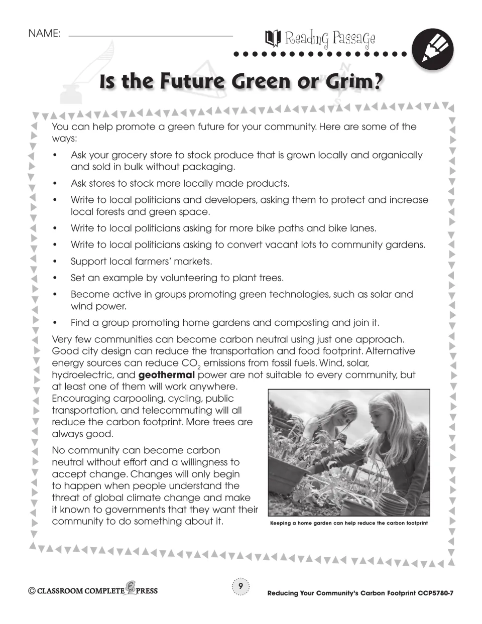 Reading continuation lists community actions involving local food, bike paths, gardens, trees, and clean energy