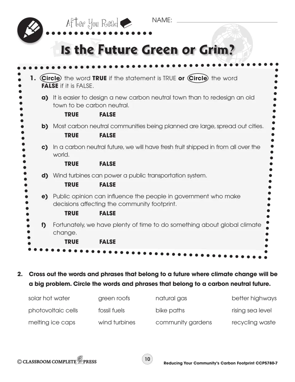 After-reading practice includes six true-or-false statements and sorting 12 terms by green or grim futures