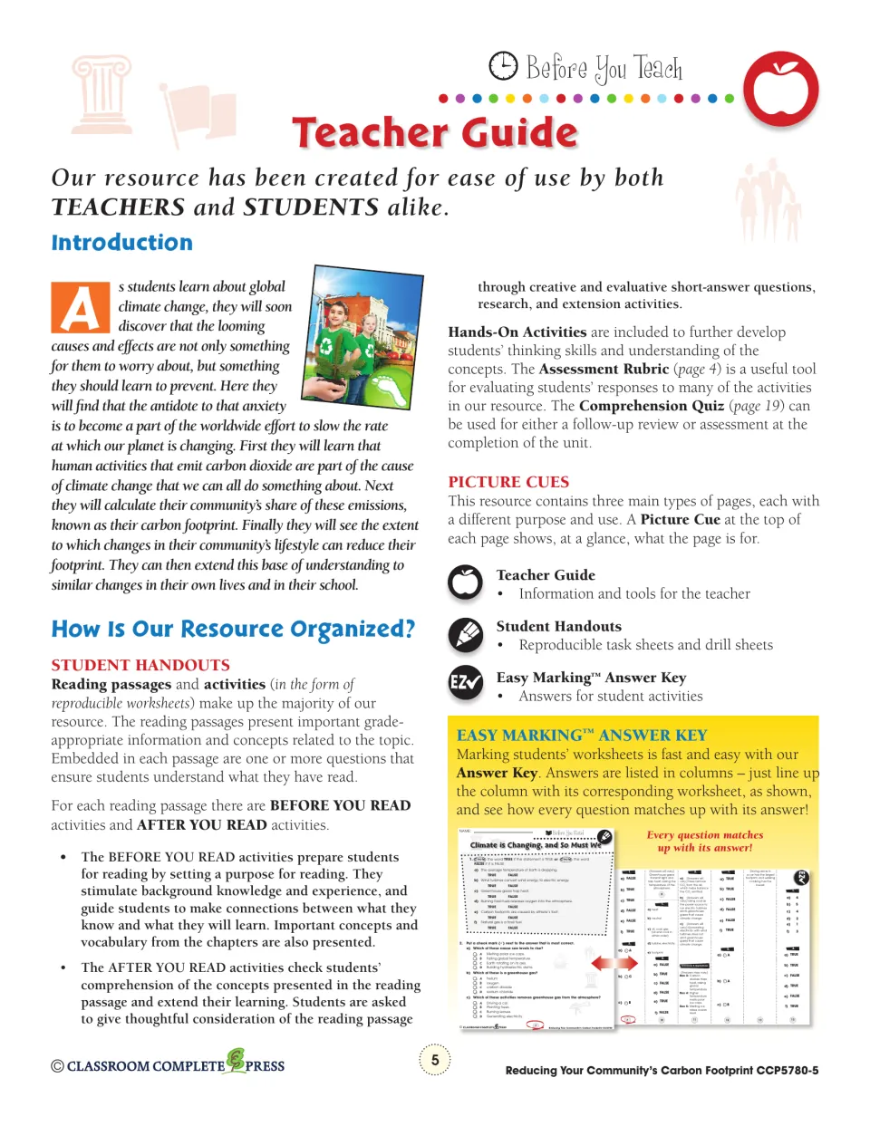 Teacher guide introducing the passages, Before and After You Read activities, picture cues and answer key