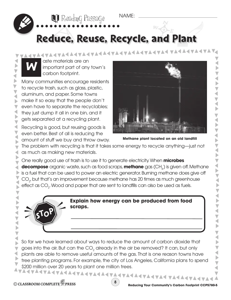 Reading passage on recycling, methane power from food scraps, and Los Angeles's plan to plant a million trees